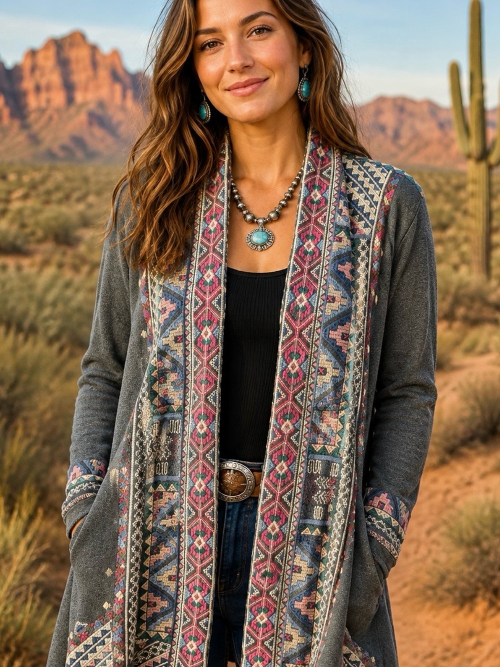 Johnny Was Grey Cardigan with Pink and Blue Aztec Trim